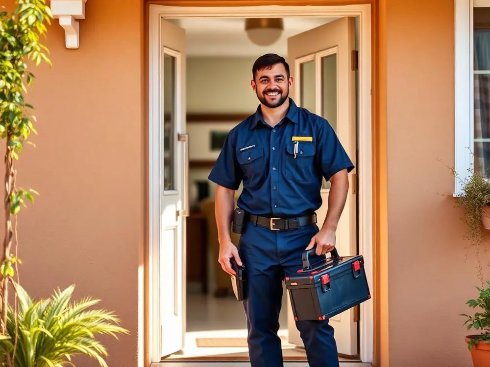 Technician arriving at a customer doorstep