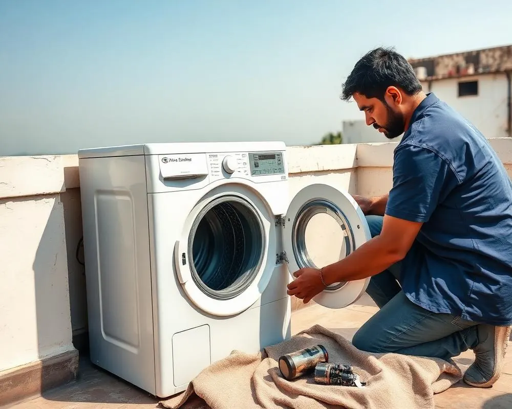 Semi-automatic Godrej washing machine repaired on a terrace
