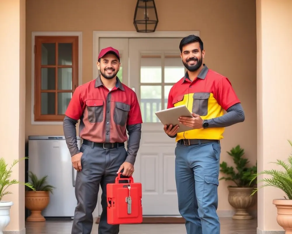 Elite Care Refrigeration technicians at a customer's doorstep in Hassan