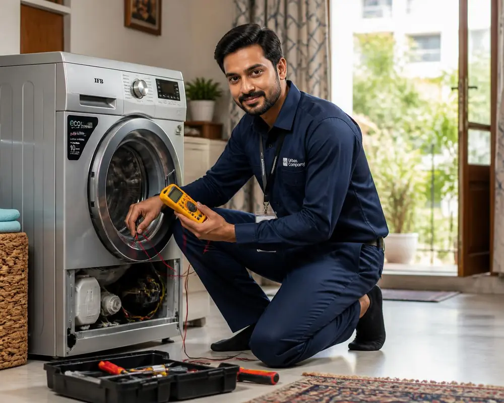 Technician repairing a washing machine at a customer home in Hassan