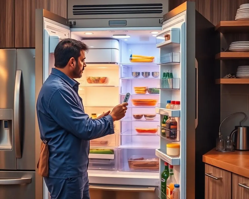 Technician checking cooling inside an open LG double-door refrigerator