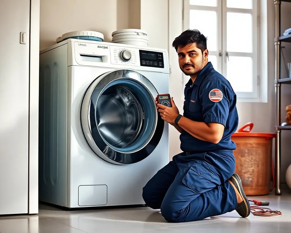 Technician testing the Direct Drive motor of an LG washing machine at a home in Hassan