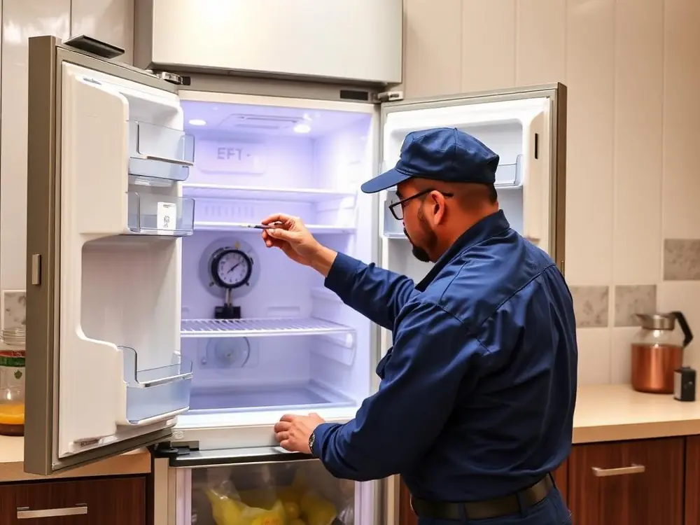 Technician repairing a double-door refrigerator in a kitchen
