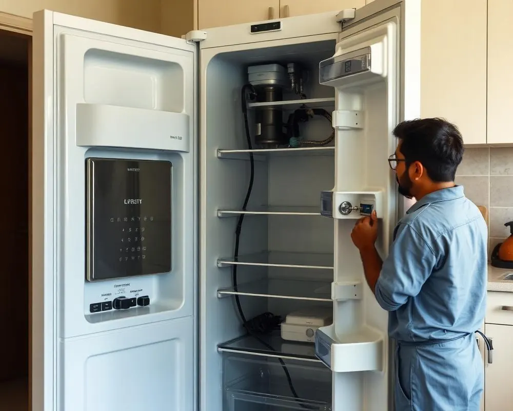 Rear of a Samsung refrigerator opened with pressure gauges connected
