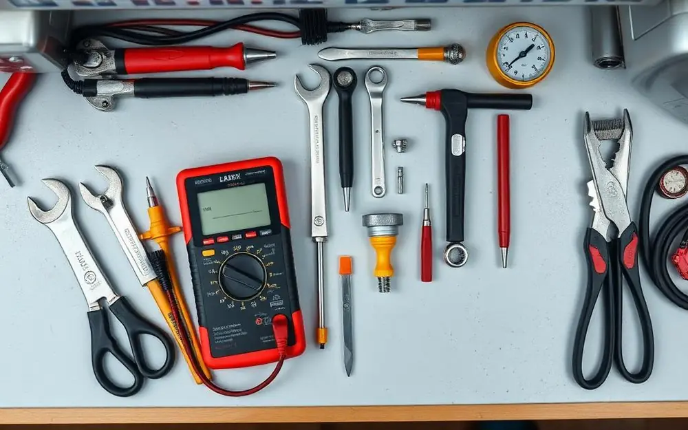 Meters, spanners and spares laid out before a repair