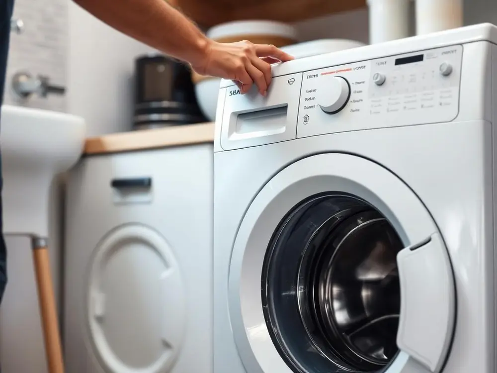 Technician repairing a front-load washing machine at home