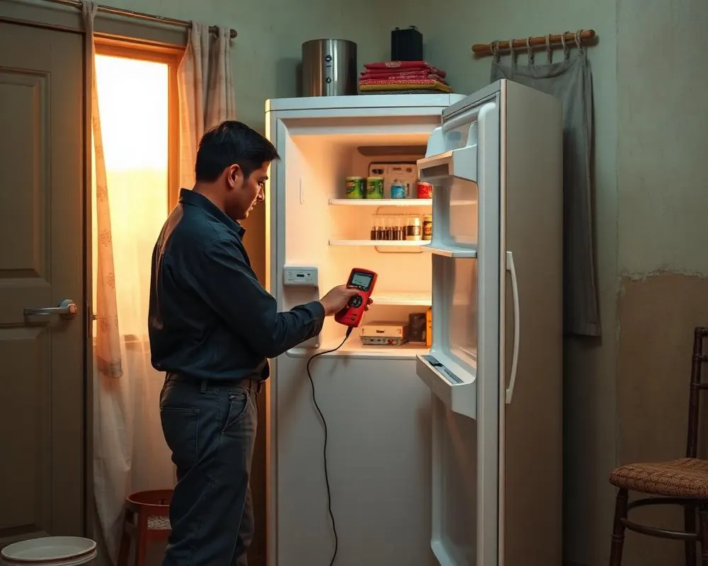 Readings being taken on a single-door Whirlpool refrigerator in a Hassan home